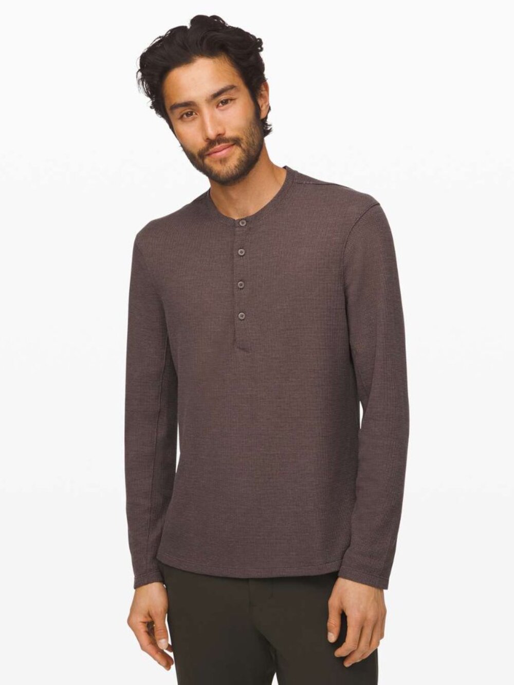 Lululemon Shift Stitch Henley Men's XL Waffle Knit Long Sleeve Heathered Brown